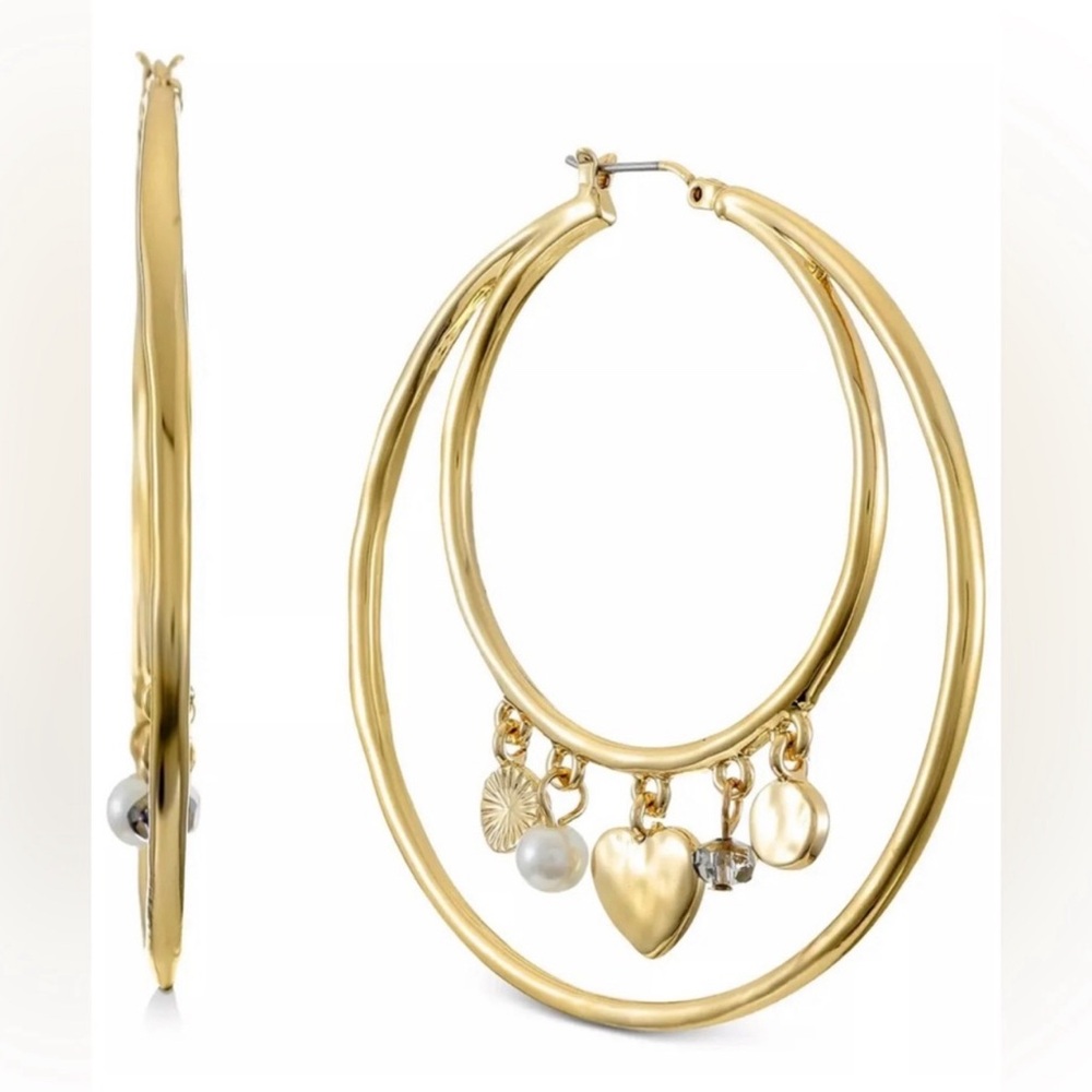 Style & Co Mixed Shaky Charm Heart Double-Row Hoop Earrings Gold Tone Large